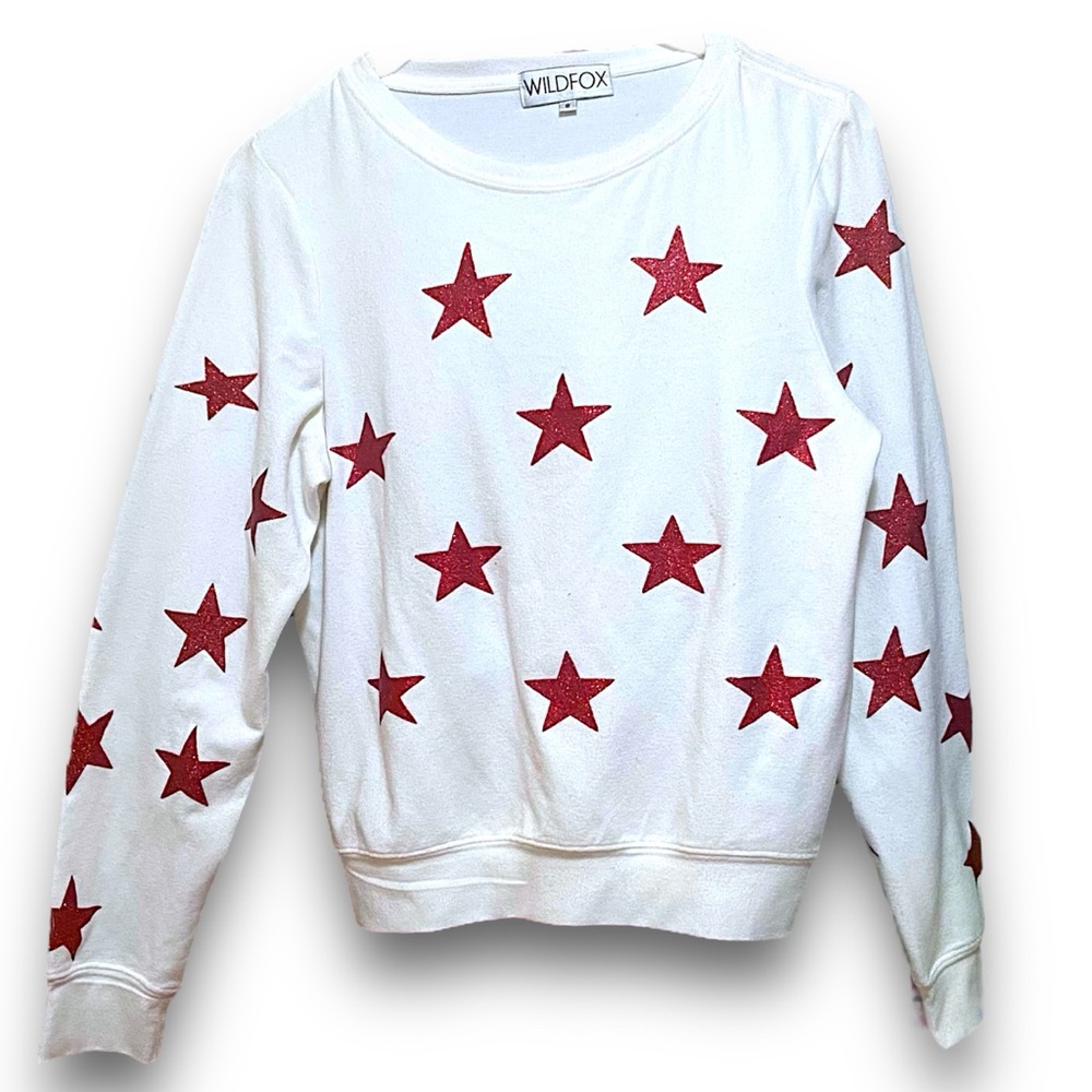 Wildfox Red Glitter Stars on White Sweatshirt Size: Small